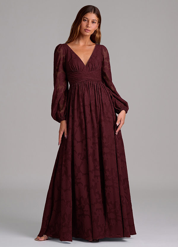 Azazie Norah 신부 들러리 드레스 A라인 긴팔 플로럴 번아웃 바닥 길이 드레스 image1