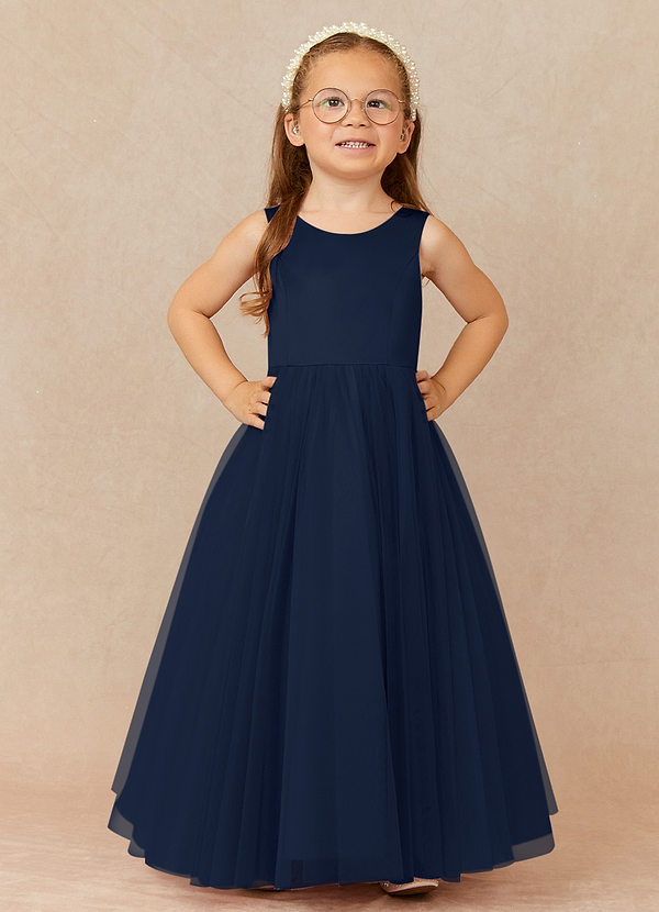 Azazie Muni Flower Girl Dresses Dark Navy A-Line Bow Tulle Dress image1