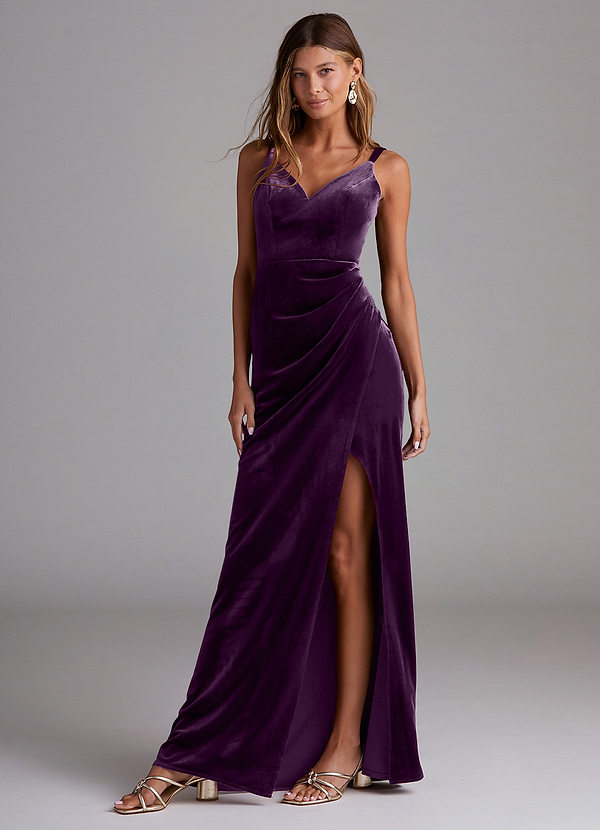 Azazie Leo Bridesmaid Dresses Grape Sheath Pleated Velvet Dress image1