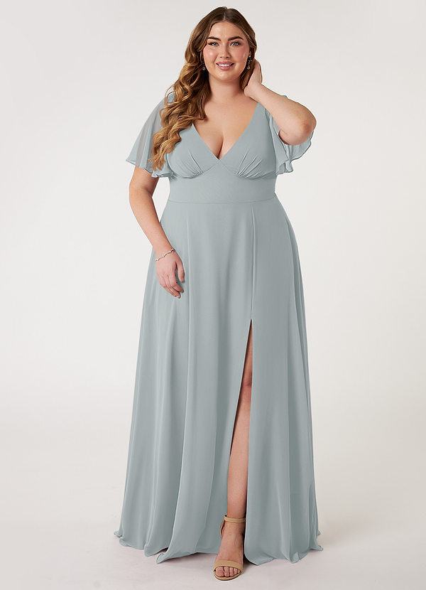 Azazie Kimber Bridesmaid Dresses Dolphin Grey Flowy Flounce Sleeve Chiffon Dress image1