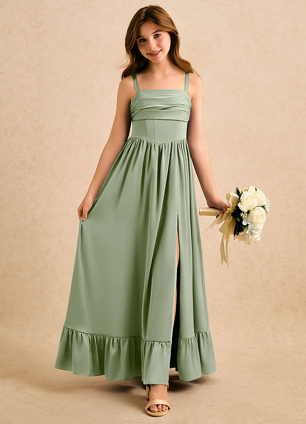 Azazie Maisie Girls Formal Vestidos de Niña de Flores Vestido de Salvia Polvorienta de Satén Elástico de Corte en A con Volante image1