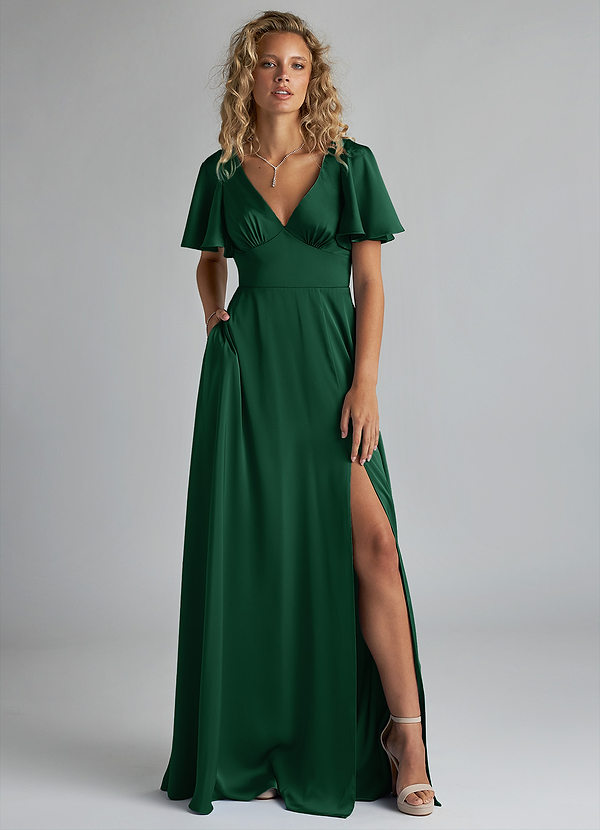 Azazie Kimber Bridesmaid Dresses Dark Green A-Line Ruched Stretch Satin Dress image1