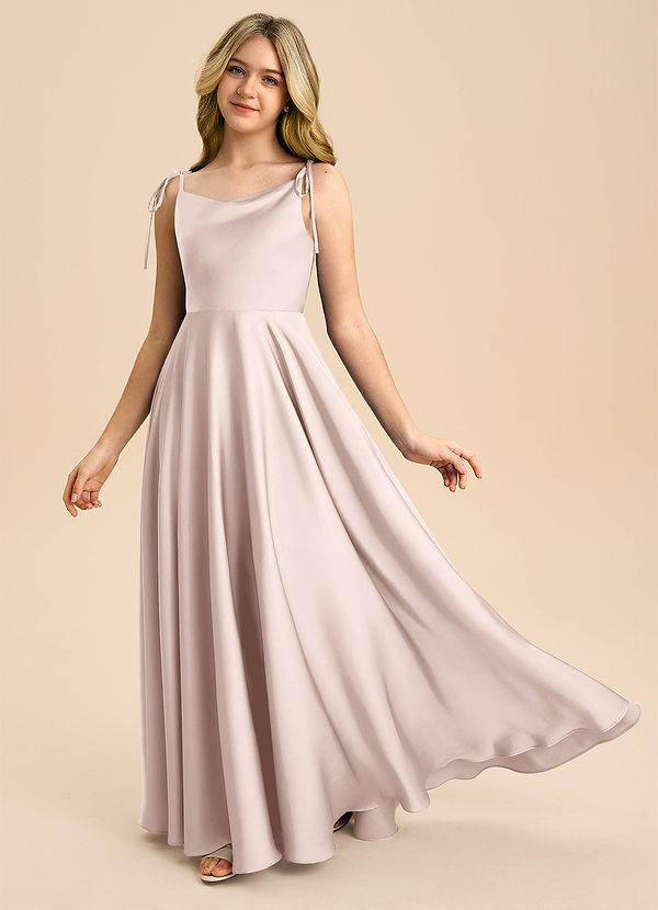 Azazie Popsy Junior Blushing Pink A-Line Bow Stretch Satin Dress image1