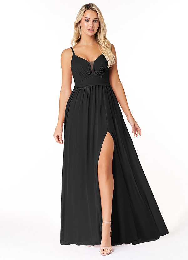 Azazie Rayna Bridesmaid Dresses Black A-Line V-Neck Pleated Chiffon Dress image1