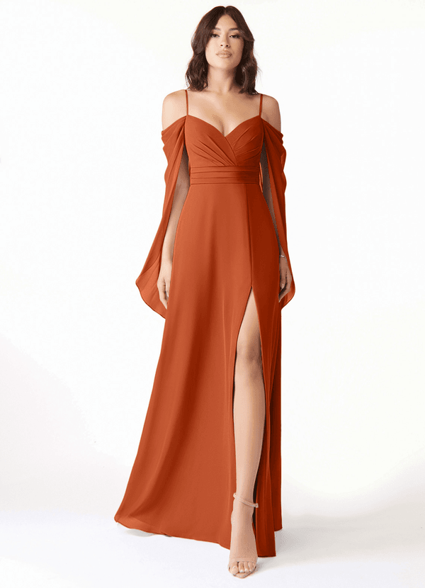 Azazie Cienna Robes Demoiselle d'honneur Robe Trapèze en Mousseline de soie Manche longue Orange Brûlée image1