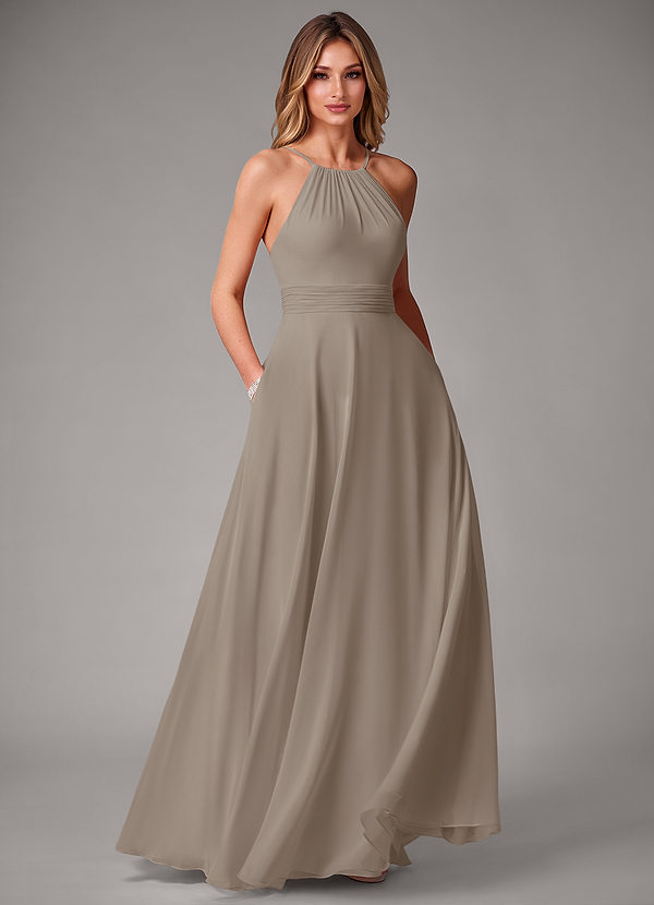 Azazie Amalia Abiti da Damigella Abito A-Line in Chiffon Plissettato Taupe image1