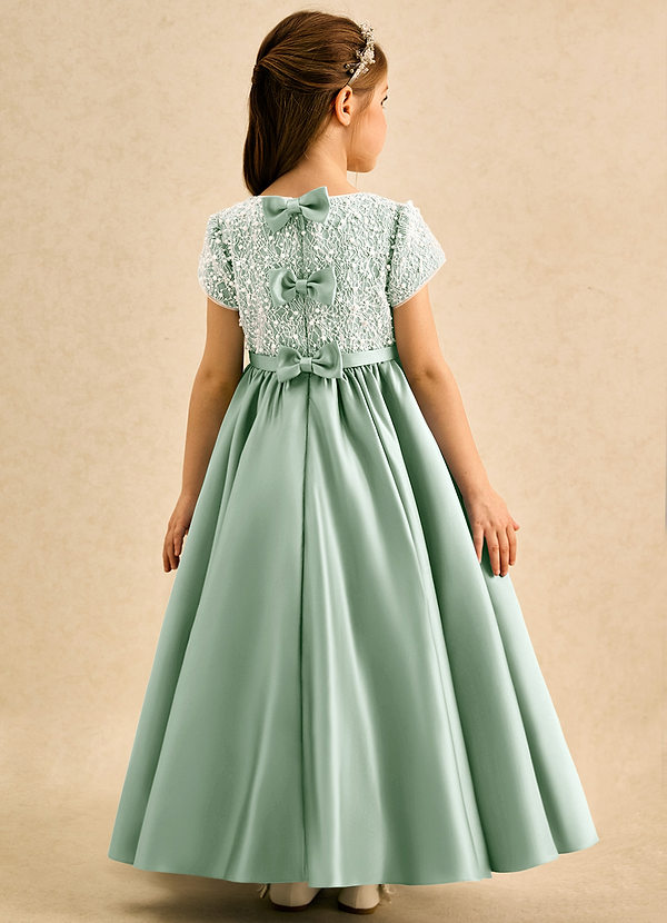 Azazie Cashew Flower Girl Dresses Agave Ball-Gown with Sleeves Matte Satin Dress image1