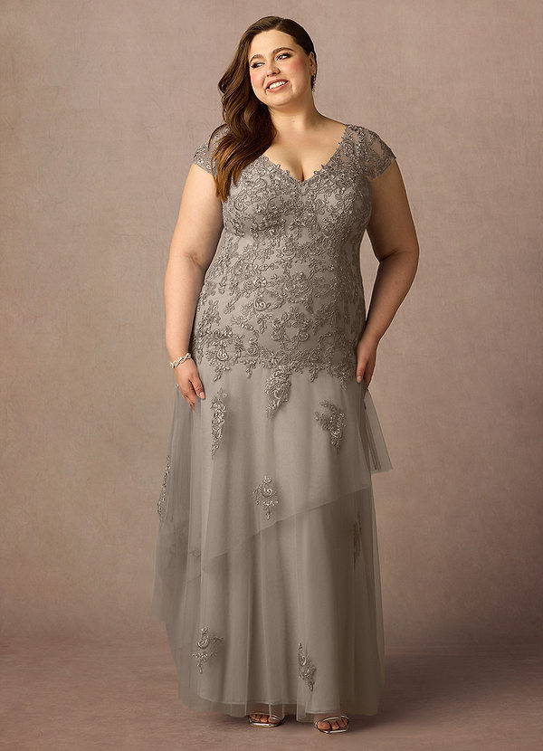 Azazie Romy Mother of the Brides Dresses Taupe Mermaid V-Neck Sequins Tulle Dress image1