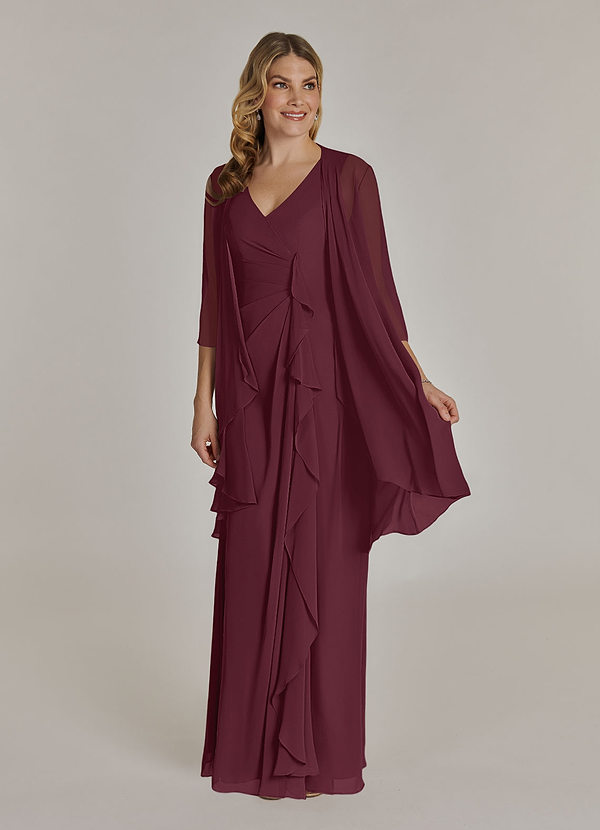 Azazie Manuella Mother of the Bride Dresses Cabernet A-Line V-Neck Pleated Chiffon Dress image1