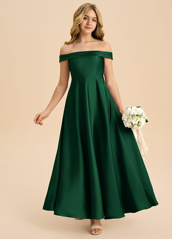 Azazie Sissy Junior Vestido de Verde Oscuro de Satén Elástico de Corte en A con Vestidos sin tirantes image1