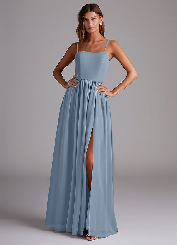 Azazie Calianna Bridesmaid Dresses Dusty Blue A-Line Off the Shoulder Chiffon Convertible Dress image1