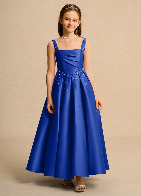 Azazie Mochi Girl Flower Girl Dresses Royal Blue Ball-Gown Pleated Matte Satin Dress image1