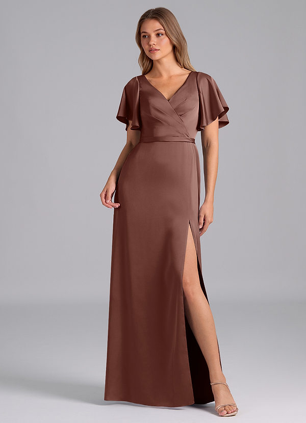Azazie Ambrosia Bridesmaid Dresses Espresso A-Line Pleated Stretch Satin Dress image1