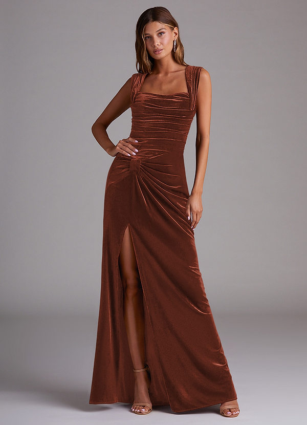 Azazie Genesis Bridesmaid Dresses Terracotta Sheath Pleated Velvet Dress image1