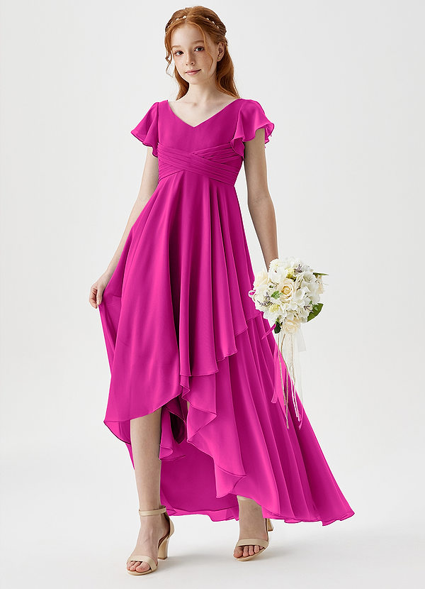 Azazie Caria Junior Robe Trapèze en Mousseline de soie Plissée Fuchsia image1