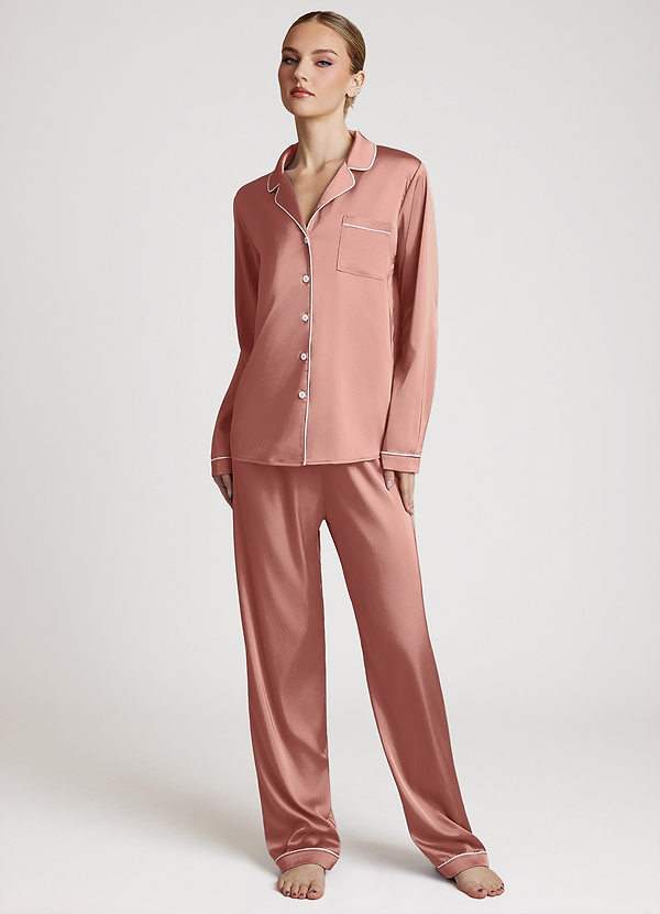 front Rosette Long Sleeves and Pants Satin PJ Set