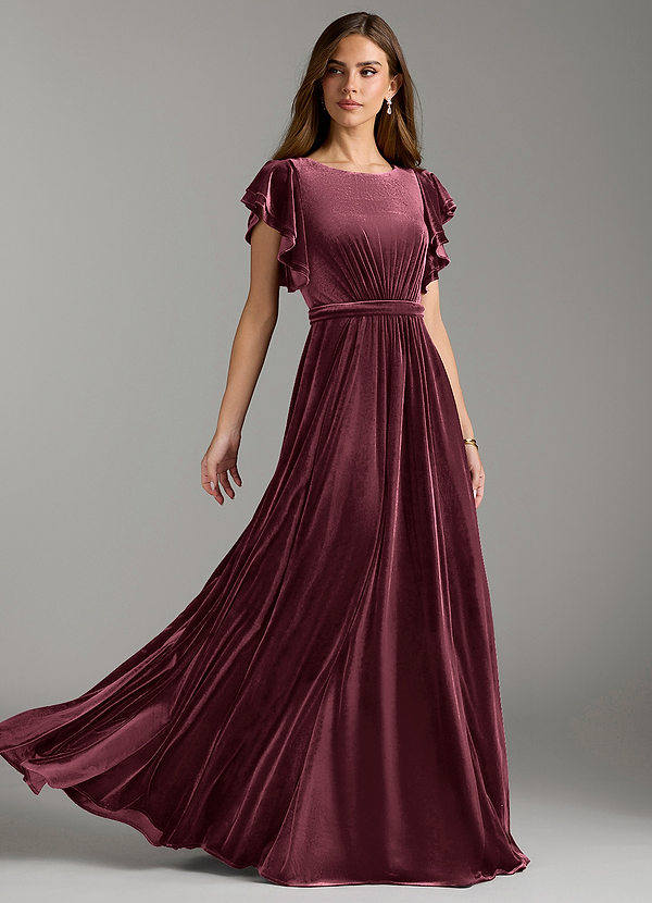 Azazie Daphne Modest Bridesmaid Dresses A-Line Velvet Floor-Length Dress with Belt image1
