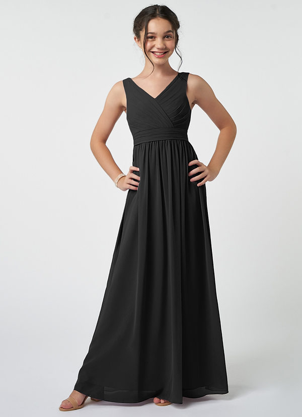 Azazie Kora Junior Abito A-Line in Chiffon Plissettato Nero image1