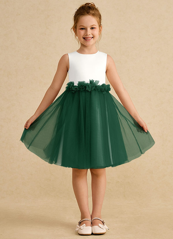 Azazie Louisa Flower Girl Dresses Ivory Dark Green A-Line Sleeveless Tulle Dress image1