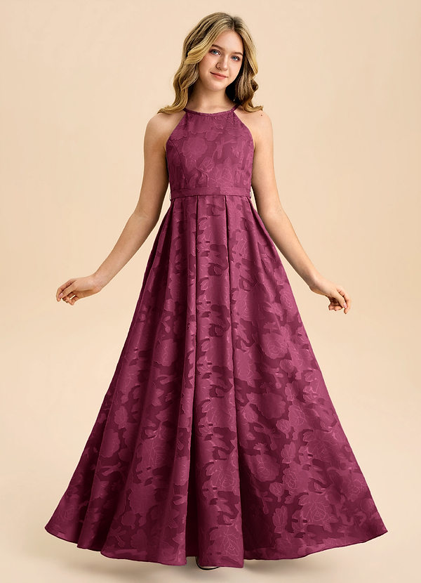 Azazie Arianthe Junior Mulberry A-Line Pleated Floral Burnout Dress image1