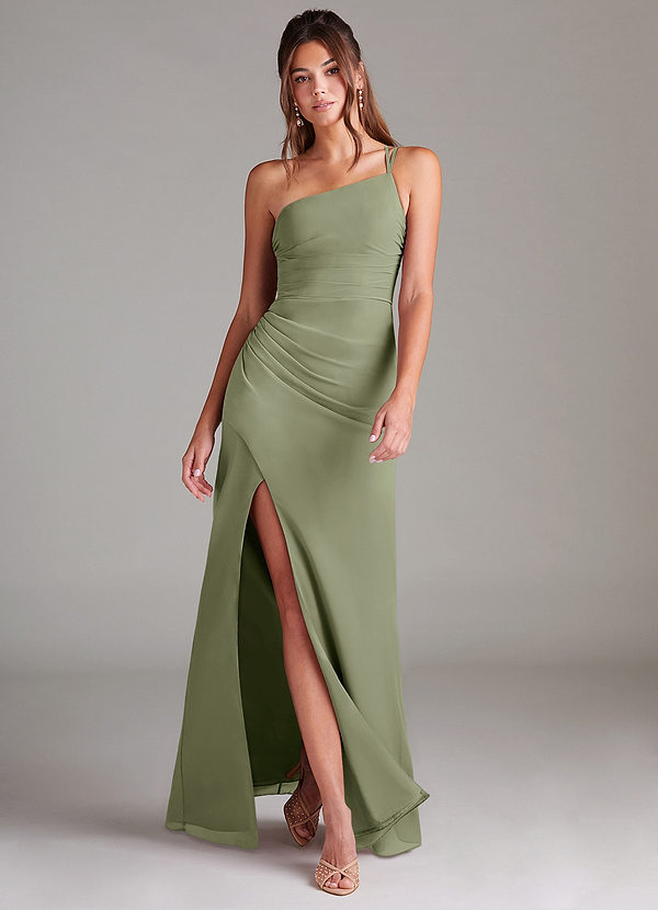Azazie Eren Vestidos Dama de Honor Vestido de Pistacho de Gasa de Corte Recto con Hombro unilateral image1