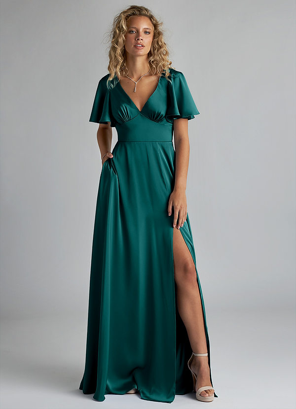 Azazie Kimber Bridesmaid Dresses Peacock A-Line Ruched Stretch Satin Dress image1