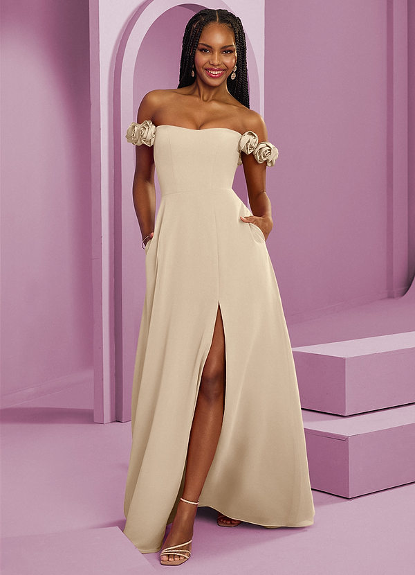 Barbie ♥ Azazie Suknie dla druhen Rozkloszowana szyfonowa sukienka z odkrytymi ramionami i kwiatowymi rozetkami image1