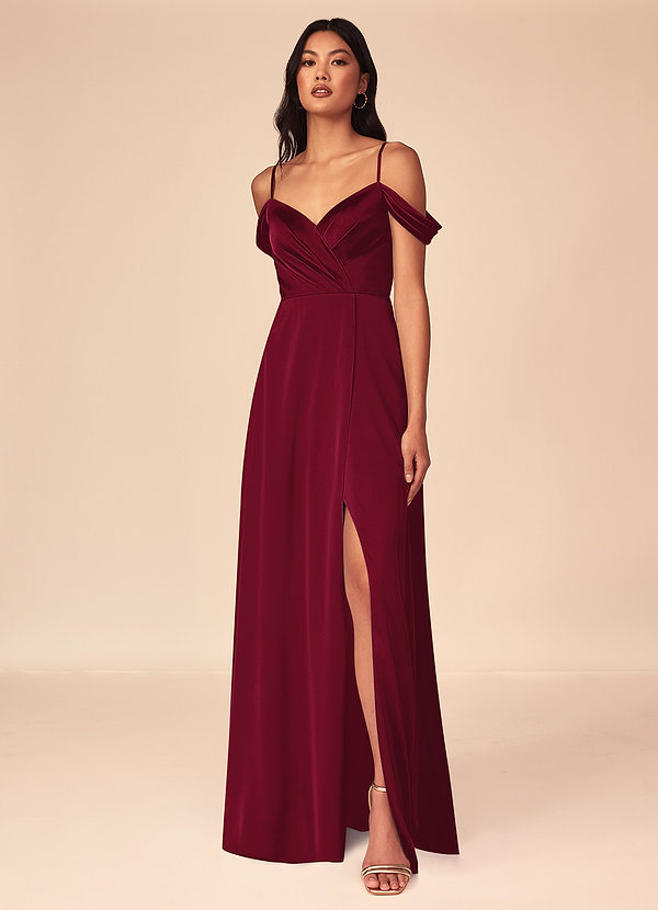 Azazie Ocean Bridesmaid Dresses Burgundy A-Line V-Neck Pleated Stretch Satin Dress image1