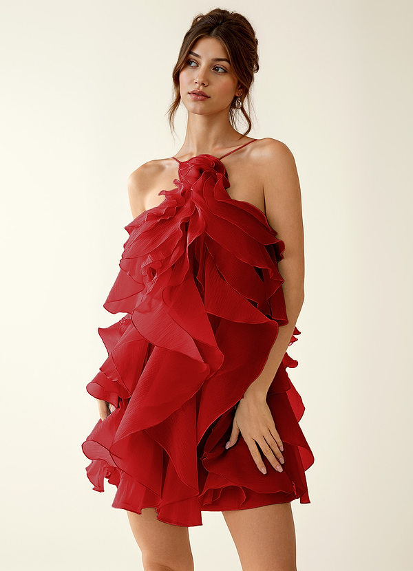 Oliamagn Rouge Robe courte en tulle à volants image1
