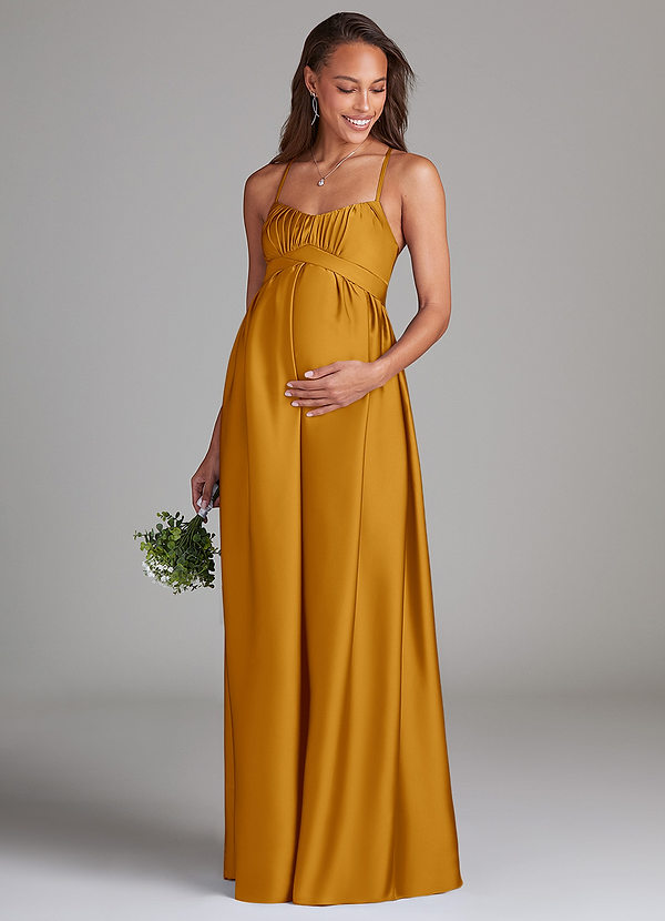 Azazie Llana Robe demoiselle d'honneur enceinte Robe Trapèze avec poches Longueur ras du sol Satin extensible image1