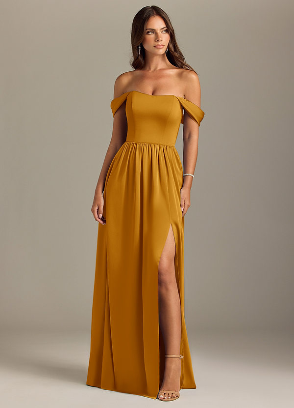 Azazie Calianna Bridesmaid Dresses Butterscotch A-Line Off the Shoulder Stretch Satin Convertible Dress image1