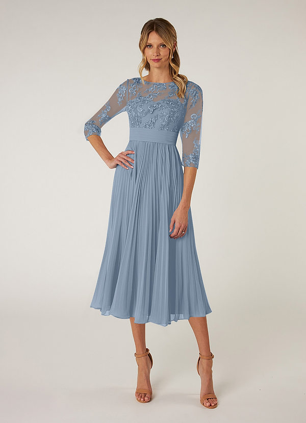 Azazie Tutu Mother of the Brides Dresses Dusty Blue A-Line Boatneck Lace Chiffon Dress image1