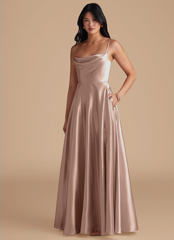 Azazie Elle Bridesmaid Dresses Taupe A-Line with Pockets Metallic Satin Dress image1