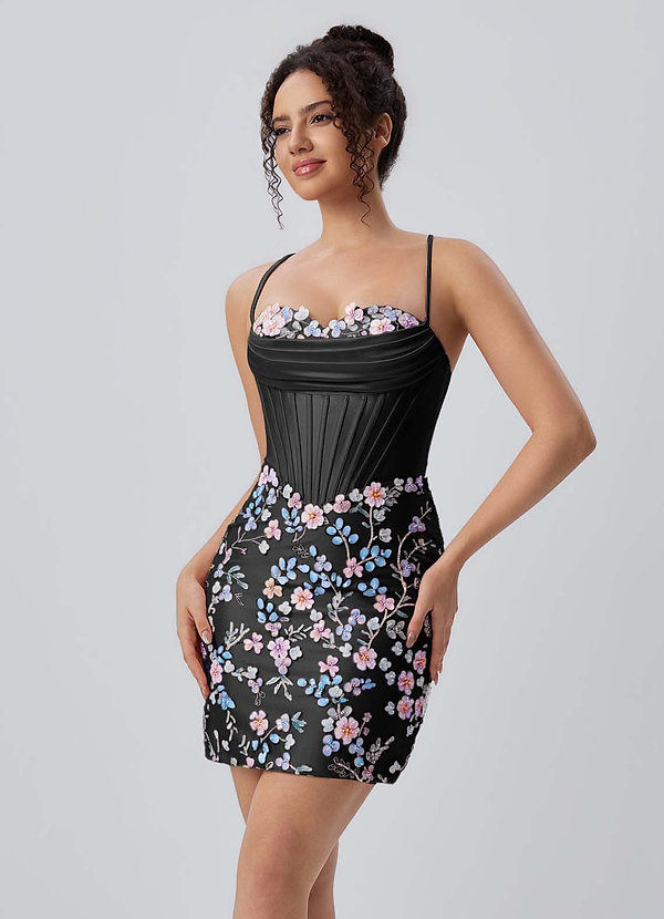 Ophelianna Noir Robe courte à fleurs 3D et perles image1