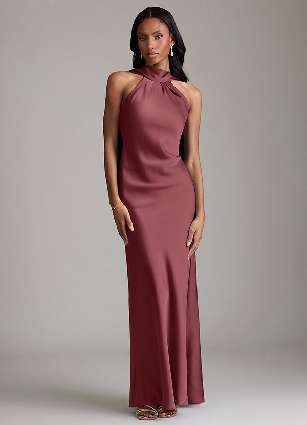 Azazie Cassiana Bruidsmeisjes Jurken Jurk van Stretch Satijn met Zeemeermin Geplooid Woestijnroos image1