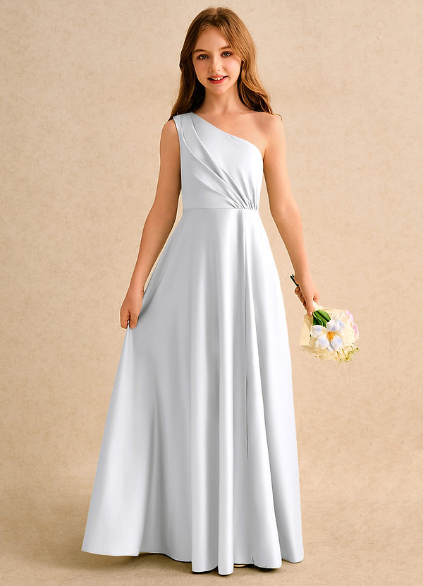 Azazie Puddles Junior Formal Flower Girl Dresses White A-Line One Shoulder Matte Satin Dress image1