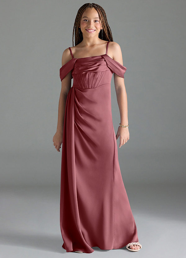 Azazie Amyra Junior Desert Rose Sheath Off the Shoulder Stretch Satin Dress image1