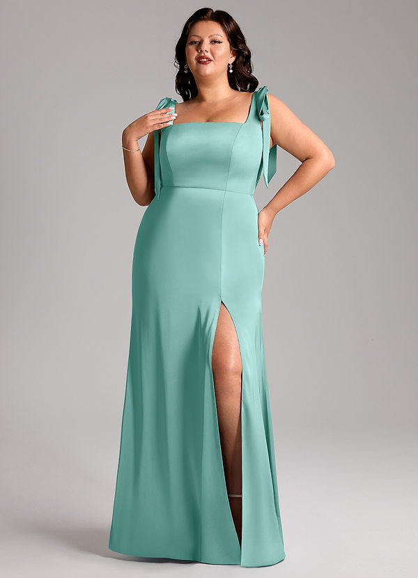 Azazie Frostine Vestidos Dama de Honor Vestido de Aqua de Satén Elástico de Corte en A con Lazo image1