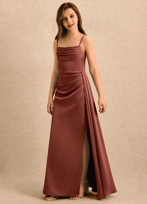 Azazie Shyla Girls Formal Sukienki dla dziewczynek sypiących kwiaty Osłona Pofałdowany Satyna elastyczna Długość podłogi Sukienka image1
