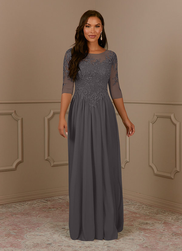 Azazie Harriet Mother of the Brides Dresses Steel Grey A-Line Scoop lace Mesh Dress image1