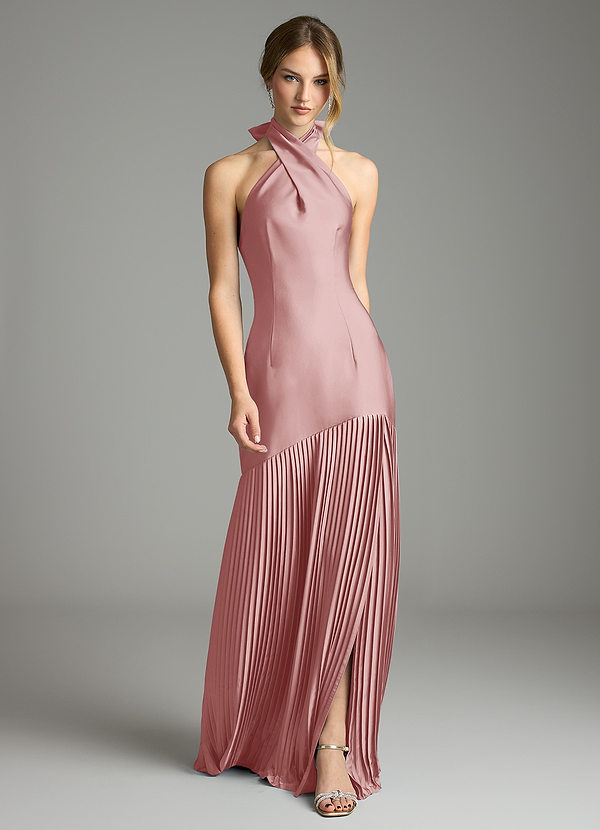 Azazie Nayeli Bruidsmeisjes Jurken Jurk van Stretch Satijn met A-Lijn Geplooid Stoffige Roos image1