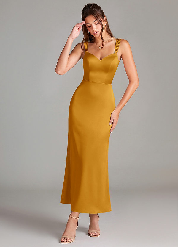 Azazie Denice 신부 들러리 드레스 쉬스 주름진 스트레치 새틴 발목 길이 드레스 image1