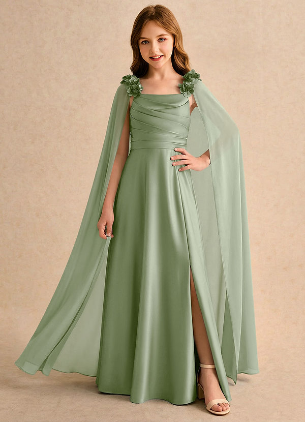 Azazie Rosita Vestidos de Niña de Flores Vestido de Salvia Polvorienta de Satén Elástico de Corte en A con Plisado image1