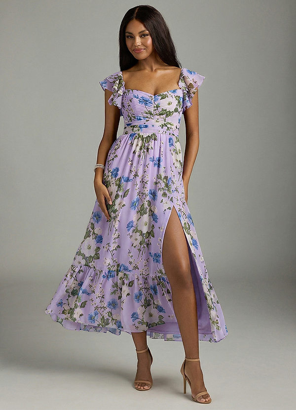 Azazie Anaya Vestidos de Dama de Honor Vestido Floral Lilás de Chiffon de Linha A com Decote Coração image1