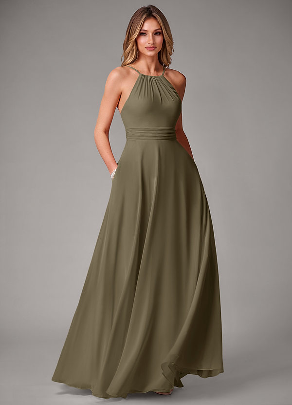 Azazie Amalia Abiti da Damigella Abito A-Line in Chiffon Plissettato Willow Green image1
