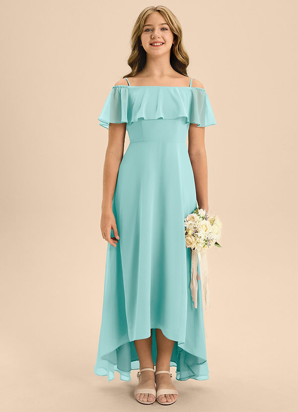 Azazie Maggie Junior Aqua A-Line Off the Shoulder Chiffon Dress image1