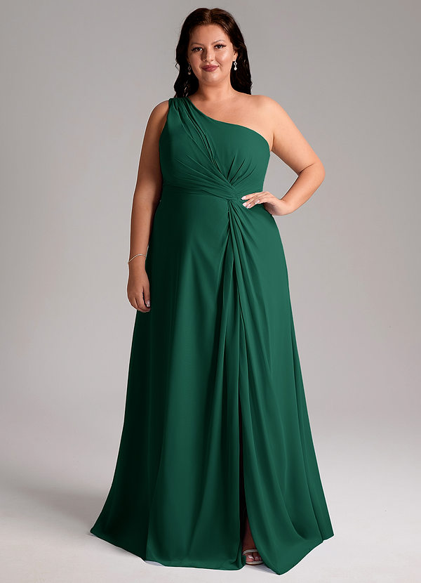 Azazie Brooke Bridesmaid Dresses Emerald A-Line One Shoulder Chiffon Dress image1