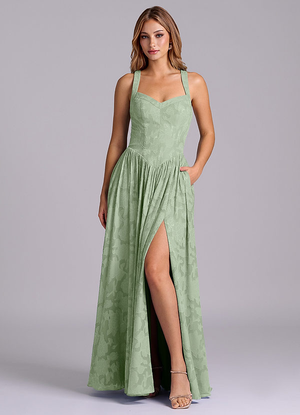 Azazie Francis Robes Demoiselle d'honneur Robe Trapèze en Blumen-Burnout Corset Vert Sauge image1