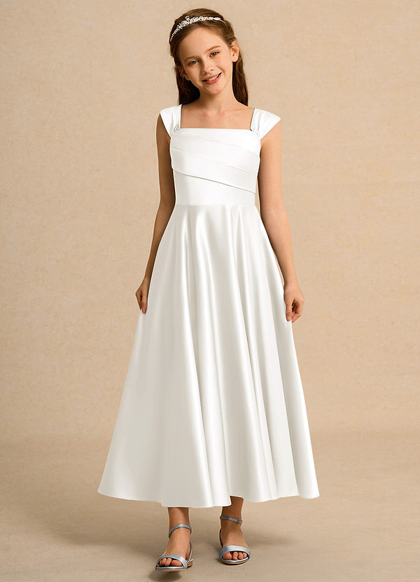 Azazie Bundle Junior Formal Flower Girl Dresses Ivory A-Line Pleated Matte Satin Dress image1