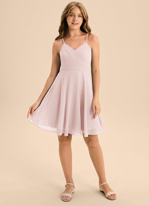Azazie Avelina Junior Blushing Pink A-Line Pleated Chiffon Dress image1